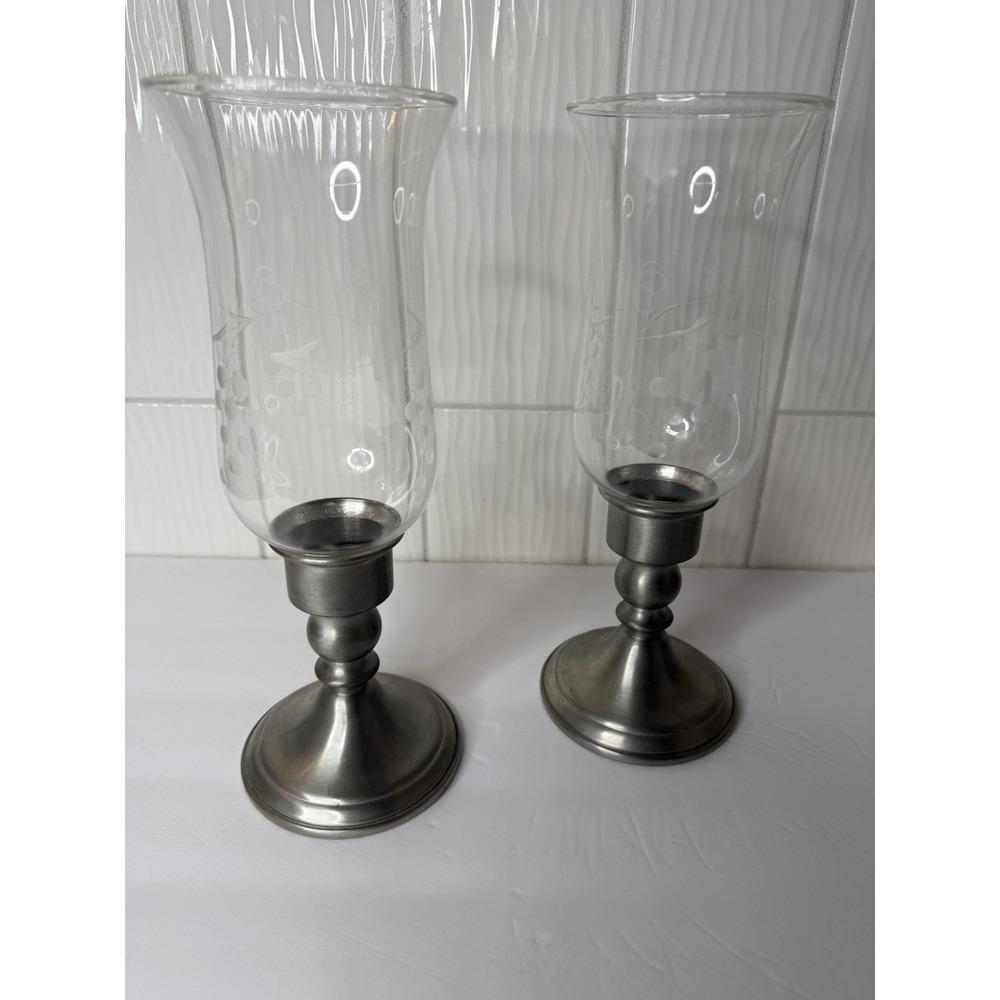 VTG Web Pewter Weighted Candlestick Holders Grapevine Etched Glass Hurricane GUC